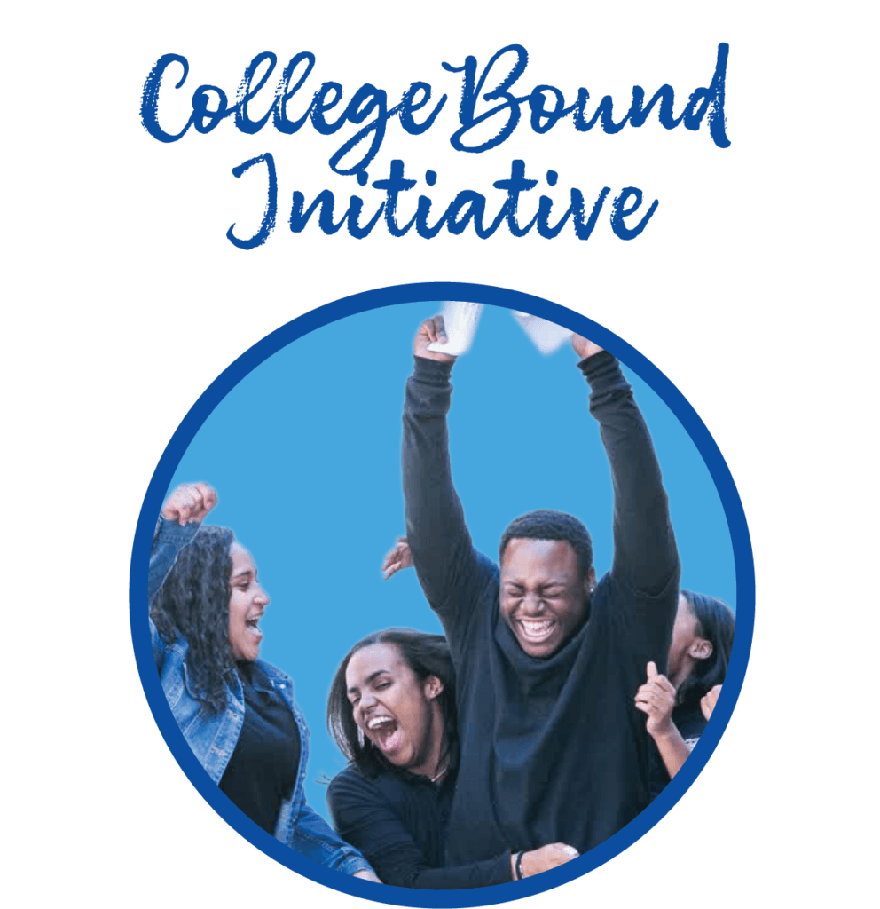 Four young people celebrate together beneath the text CollegeBound Initiative, with one person raising an arm in excitement.