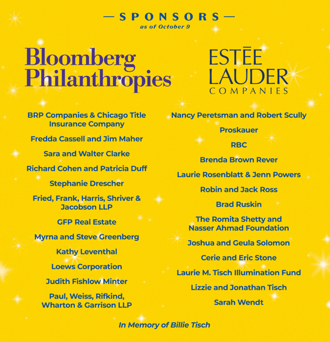 A yellow background with Sponsors at the top, listing Bloomberg Philanthropies, Estee Lauder Companies, and individual and group sponsors, with a note in memory of Billie Tisch at the bottom.