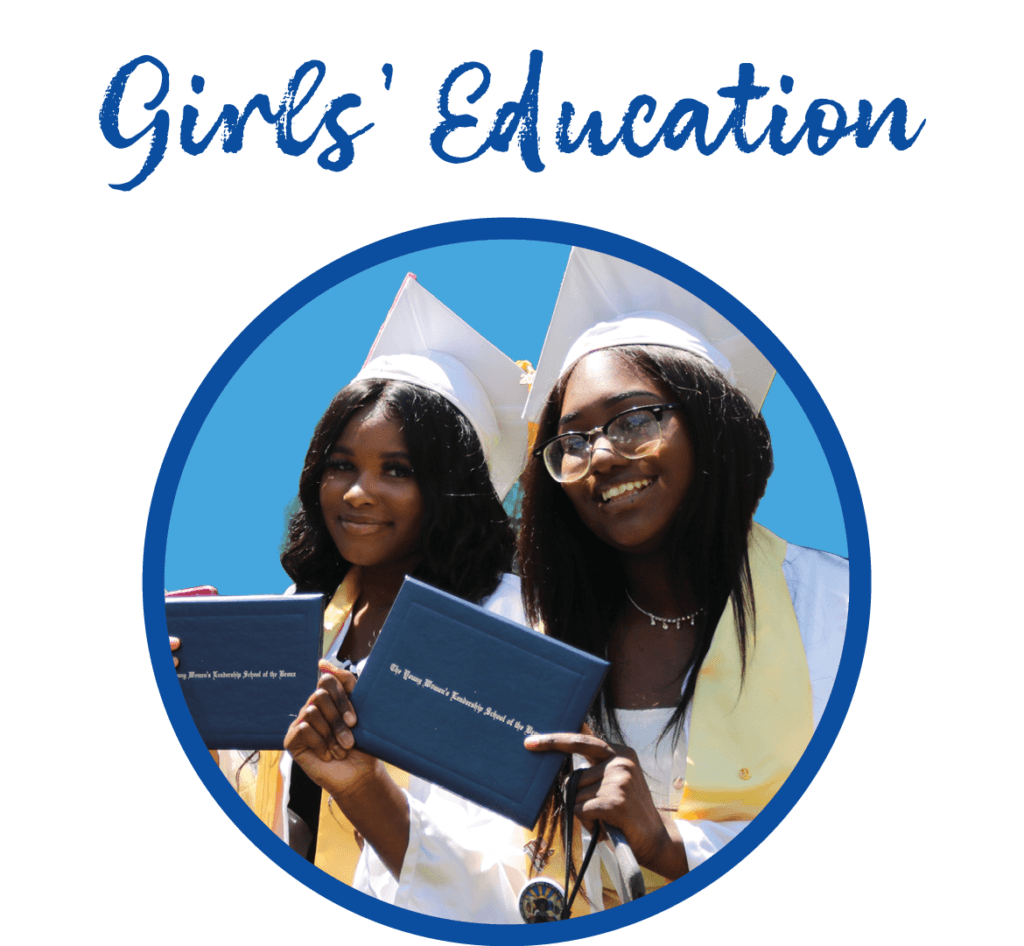Two young women wearing graduation caps and gowns hold diplomas, standing together beneath the text Girls Education..
