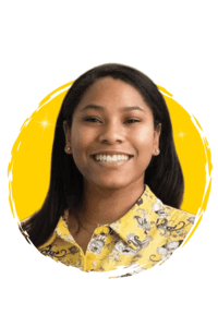 Tyra wearing a yellow floral shirt, set against a circular yellow background.